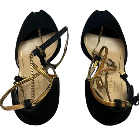 Gucci Mila Gold Chain Ophelie suede leather peeptoe pumps heels Size 38 - Picture 11 of 16